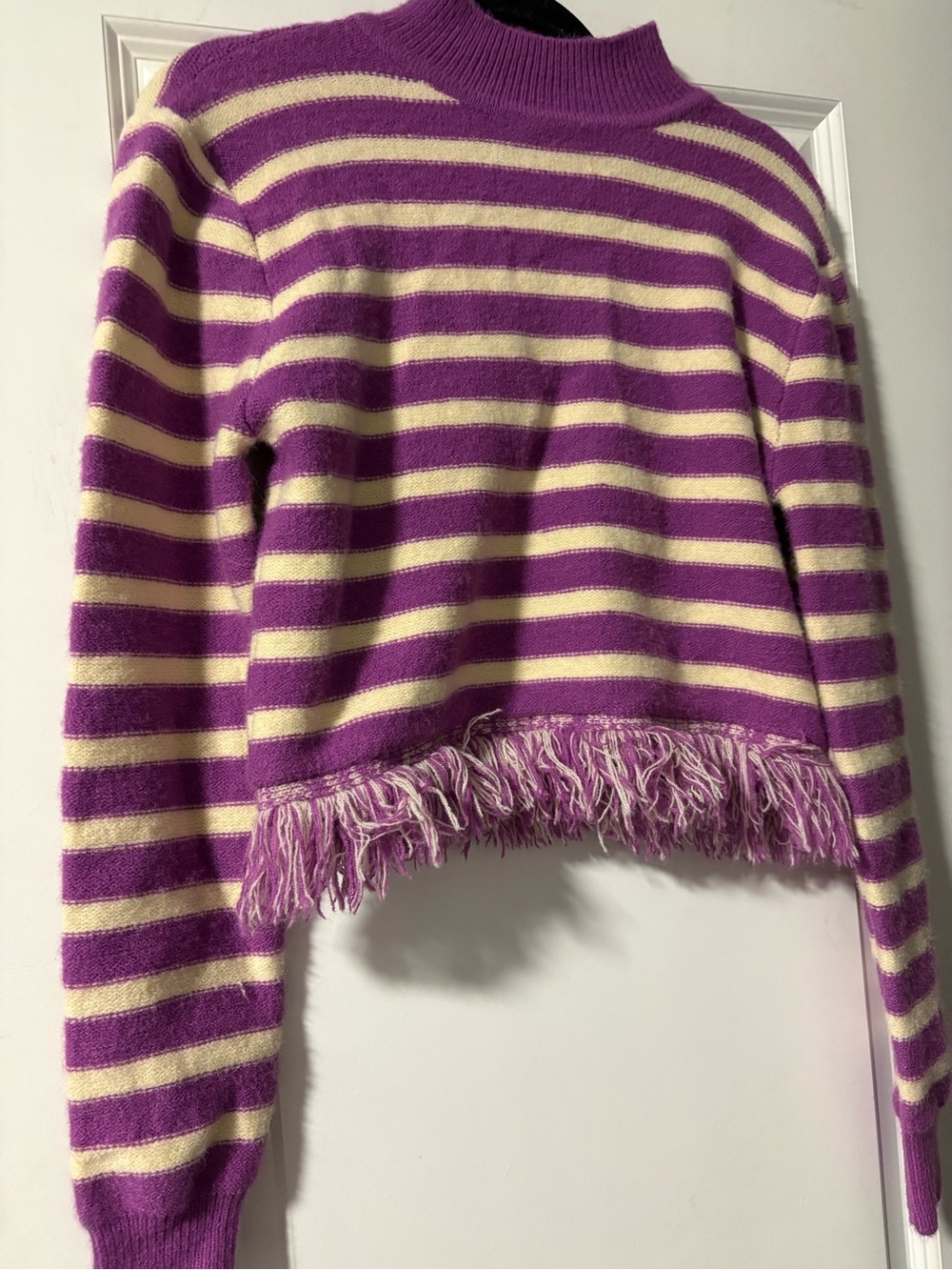 Cider Purple and Cream Striped Fringe Crop Sweater
